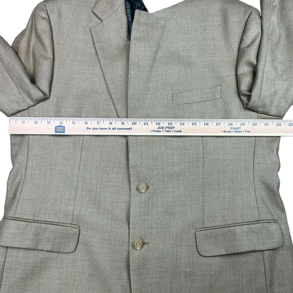 Ralph Lauren Jacket Blazer Sport Coat 44R Silk Wool Beige Windowpane 2-BTN Tan